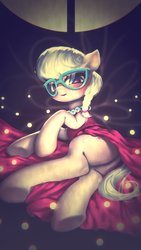 Size: 960x1704 | Tagged: dead source, safe, artist:frali, silver spoon, earth pony, pony, g4, blushing, clothes, dress, female, glasses, on side, pixiv, solo, underhoof