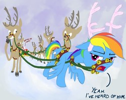 Size: 2176x1728 | Tagged: safe, artist:snapai, prancer, rainbow dash, reindeer, g1, g4, blitzen, christmas, comet, cupid, dancer, dasher, donner, harness, reindeer dash, rudolph, santa claus, shackles, sleigh, vixen, yeah