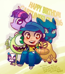 Size: 1253x1424 | Tagged: safe, artist:angerfish, twilight sparkle, oc, human, robot, g4, cartuneslover16, crossover, happy birthday, littlest pet shop, mike wazowski, monsters inc., penny ling, robot and monster, robot default