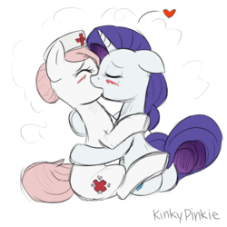 Size: 1800x1800 | Tagged: safe, artist:kinkypinkie, nurse redheart, rarity, earth pony, pony, unicorn, g4, blushing, female, kiss on the lips, kissing, lesbian, rariheart, shipping