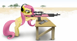 Size: 3307x1764 | Tagged: safe, artist:vombavr, fluttershy, pegasus, pony, g4, female, glasses, goggles, gun, larue tactical, m14, m14 ebr, picatinny rail, rifle, safety goggles, snipershy, solo, table, tree, weapon