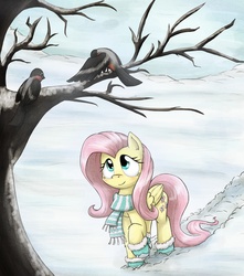 Size: 2352x2663 | Tagged: safe, artist:otakuap, fluttershy, bird, pegasus, pony, robin (bird), g4, animal, bare tree, boots, clothes, female, fluffy, mare, scarf, snow, solo, tree, winter