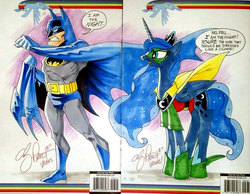Size: 653x507 | Tagged: safe, artist:andypriceart, princess luna, human, g4, andy you magnificent bastard, batman, con, crossover, dc comics, i am the night, robin