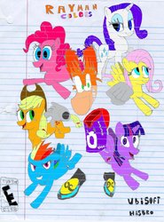 Size: 769x1039 | Tagged: safe, artist:jayman239, applejack, fluttershy, pinkie pie, rainbow dash, rarity, twilight sparkle, alicorn, pony, g4, crossover, female, mane six, mare, rayman, twilight sparkle (alicorn)