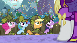 Size: 992x558 | Tagged: safe, screencap, applejack, fluttershy, pinkie pie, rainbow dash, rarity, twilight sparkle, dragon quest, g4, army, awkward, camouflage, clothes, confetti, female, hat, mane six, observer, varying degrees of want