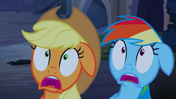 Size: 1280x717 | Tagged: safe, screencap, applejack, rainbow dash, castle mane-ia, g4, faic, scared