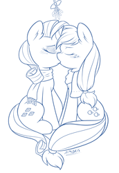 Size: 1657x2406 | Tagged: safe, artist:ambris, applejack, rarity, earth pony, pony, unicorn, g4, blushing, duo, female, kiss on the lips, kissing, lesbian, mare, monochrome, ship:rarijack, shipping