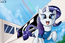 Size: 2980x1974 | Tagged: safe, artist:skyart301, rarity, pony, unicorn, g4, clothes, female, gran turismo, mare, shirt, smiling, solo