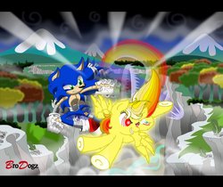 Size: 976x819 | Tagged: safe, artist:brodogz, rainbow dash, g4, chaos in equestria, commission, crossover, fanfic art, fleetway super rainbow dash, male, sonic the comic, sonic the hedgehog, sonic the hedgehog (series), super rainbow dash