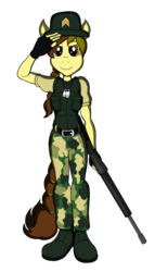 Size: 676x1183 | Tagged: safe, artist:majikkumausuii, oc, oc only, anthro, anthro oc, assault rifle, boots, female, gun, katie buckswell, military, pose, real gun, rifle, sergeant, soldier, solo, weapon