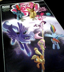 Size: 355x400 | Tagged: safe, artist:drpain, idw, applejack, fluttershy, pinkie pie, princess luna, rainbow dash, twilight sparkle, alicorn, earth pony, pegasus, pony, g4, blind bag, comic, female, irl, mare, photo, toy