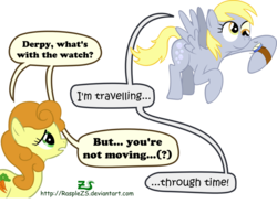 Size: 900x697 | Tagged: safe, artist:rasplezs, carrot top, derpy hooves, golden harvest, earth pony, pegasus, pony, g4, dialogue, female, flying, mare, simple background, speech bubble, text, time travel, transparent background, watch