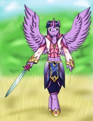 Size: 1417x1838 | Tagged: safe, artist:flameydragwasp, twilight sparkle, alicorn, anthro, g4, female, solo, standing, sword, twilight sparkle (alicorn)