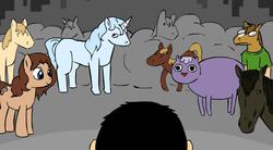 Size: 640x354 | Tagged: safe, artist:shazamblast, oc, oc only, horse, pony, unicorn, adventure time, animated classics, hoers mask, horse-pony interaction, ice king, male, mask, minecraft, poo brain, sp00n, uberhaxornova, youtube