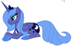 Size: 990x629 | Tagged: safe, artist:faith-wolff, princess luna, alicorn, pony, g4, female, lying down, mare, prone, s1 luna, simple background, solo, transparent background