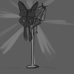 Size: 2500x2500 | Tagged: safe, artist:nobody, oc, oc:squeak, monster pony, mothpony, original species, bugs doing bug things, crepuscular rays, grayscale, hug, lamp, moth pony general, solo
