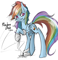 Size: 510x520 | Tagged: safe, artist:tarian, rainbow dash, g4, bandage, female, folded wings, leg wraps, mare, raised hoof, solo, wings