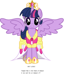 Size: 1609x1869 | Tagged: safe, twilight sparkle, alicorn, pony, g4, alicorn drama, clothes, coronation dress, crown, drama, dress, female, flying, logic, mare, simple background, solo, text, twilight sparkle (alicorn), vector, white background