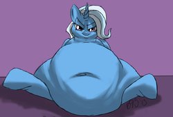 Size: 1280x866 | Tagged: dead source, safe, artist:093, trixie, pony, unicorn, g4, belly, belly button, big belly, fat, female, kitchen eyes, looking at you, mare, morbidly obese, obese, solo, the great and bountiful trixie