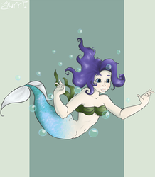 Size: 3490x4000 | Tagged: safe, artist:emiliearts, rarity, mermaid, g4, belly button, bubble, female, fish tail, flowing tail, mermaidized, midriff, ocean, seaweed, seaweed bra, solo, swimming, tail, underwater, water