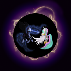 Size: 2000x2000 | Tagged: safe, artist:phiktorial, nightmare moon, princess celestia, g4, eclipse, fight, flying, magic, spread wings