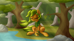 Size: 1920x1080 | Tagged: safe, artist:whatsapokemon, oc, oc only, earth pony, pony, female, forest, lush clover, mare, solo, tree, water