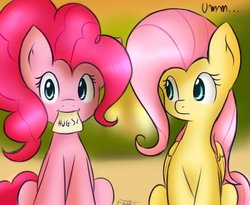 Size: 988x809 | Tagged: safe, artist:freefracornerofsillyness, artist:freefraq, fluttershy, pinkie pie, g4, female, hug, hug request, lesbian, looking at you, mouth hold, ship:flutterpie, shipping, sitting, smiling