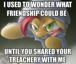 Size: 611x518 | Tagged: safe, babs seed, earth pony, pony, g4, babs the rapper, clothes, exploitable meme, female, filly, hoodie, image macro, meme, nose wrinkle, solo