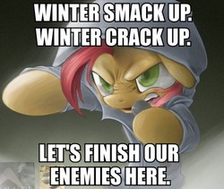 Size: 612x517 | Tagged: safe, babs seed, earth pony, pony, g4, babs the rapper, clothes, exploitable meme, female, filly, hoodie, image macro, meme, nose wrinkle, solo