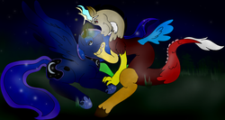 Size: 900x480 | Tagged: safe, artist:vitane, discord, princess luna, g4, female, male, ship:lunacord, shipping, straight