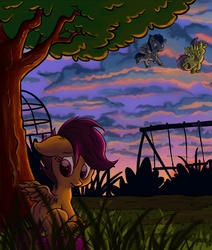 Size: 1300x1536 | Tagged: safe, artist:jigglybelle, scootaloo, g4, dark, evening, grass, playground, scootalone, scootaloo can't fly, scootasad, sunset, swing, tree