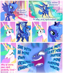 Size: 1083x1280 | Tagged: safe, artist:voodoo-tiki, princess celestia, princess luna, oc, wolf, g4, angry, canterlock, comic, donut steel, funny, furry, fursona, original character do not steal, rage, s1 luna, scroll, threat, traditional royal canterlot voice, yelling