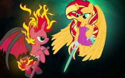 Size: 6400x4000 | Tagged: safe, artist:beavernator, sunset shimmer, alicorn, angel, demon, pony, equestria girls, g4, my little pony equestria girls, my little pony equestria girls: rainbow rocks, my past is not today, alicornified, duo, equestria girls ponified, fiery shimmer, hilarious in hindsight, ponified, race swap, self ponidox, shimmercorn, sunset phoenix, sunset satan, sunset's conscience, sword, wings