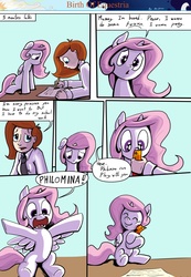 Size: 1024x1483 | Tagged: safe, artist:shieltar, philomena, princess celestia, oc, oc:grace harmony, human, phoenix, comic:birth of equestria, g4, cewestia, comic, cute, cutelestia, dialogue, filly, younger