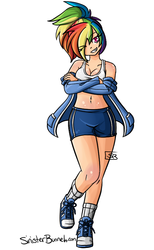 Size: 525x850 | Tagged: safe, artist:sinisterbunneh, rainbow dash, human, g4, belly button, clothes, compression shorts, crossed arms, eye clipping through hair, female, grin, humanized, light skin, midriff, off shoulder, one eye closed, simple background, smiling, solo, wink