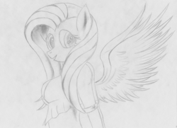 Size: 1024x741 | Tagged: safe, artist:kasaler, fluttershy, anthro, g4, female, grayscale, solo