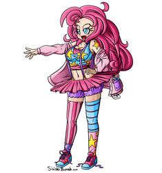 Size: 800x850 | Tagged: safe, artist:sinisterbunneh, pinkie pie, human, belly button, clothes, converse, female, humanized, light skin, midriff, mismatched socks, off shoulder, shoes, simple background, skirt, solo, suspenders, tutu