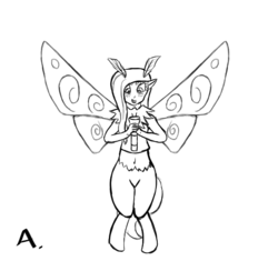 Size: 582x547 | Tagged: safe, artist:lazy anon, mothpony, original species, satyr, flashlight (object), monochrome, palindrome get, solo