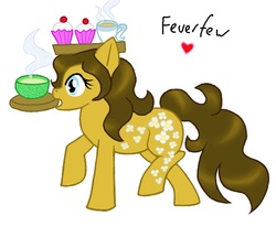 Size: 684x561 | Tagged: safe, artist:puddingvalkyrie, oc, oc only, cupcake, feverfew, mouth hold, solo, soup, tea