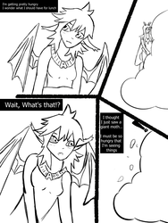 Size: 753x1001 | Tagged: safe, artist:lazy anon, oc, oc only, oc:yuzu, bat pony, mothpony, original species, satyr, cloud, comic, monochrome