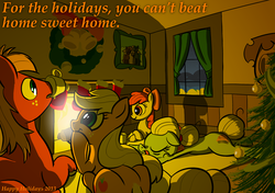 Size: 3400x2400 | Tagged: safe, artist:nadnerbd, apple bloom, applejack, big macintosh, granny smith, earth pony, pony, g4, apple family, apple siblings, apple sisters, backlighting, brother and sister, christmas, christmas stocking, christmas tree, dark, family, female, filly, fire, fireplace, foal, grandmother and grandchild, grandmother and granddaughter, grandmother and grandson, holiday, interior, male, mare, night, ornament, ornaments, picture, picture frame, siblings, sisters, sleeping, stallion, text, tree, window, wreath