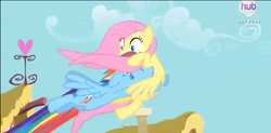 Size: 570x281 | Tagged: safe, screencap, fluttershy, rainbow dash, daring don't, g4, glomp, heart, hub logo, hubble, lowres, out of context