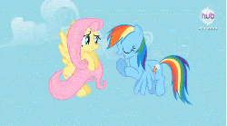 Size: 719x401 | Tagged: safe, screencap, fluttershy, rainbow dash, daring don't, g4, season 4, animated, cloud, cloudy, female, flapping, flying, hub logo, hubble, sky, the hub, touch