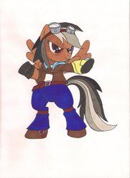 Size: 762x1048 | Tagged: safe, artist:xarazel, daring do, pony, g4, bipedal, clothes, ezreal, female, goggles, league of legends, pants, solo, traditional art