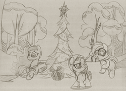 Size: 1024x745 | Tagged: safe, dj pon-3, fluttershy, princess luna, rainbow dash, vinyl scratch, equestria daily, g4, princess twilight sparkle (episode), banner, black and white, chest of harmony, drawing, filly, grayscale, scratching, sketch, twilight scepter, wip