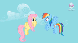 Size: 719x399 | Tagged: safe, screencap, fluttershy, rainbow dash, pony, daring don't, g4, season 4, animated, circle, cloud, cloudy, cute, dashabetes, excited, fangirl, female, flapping, flying, happy, hub logo, hubble, loop, sky, the hub
