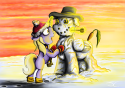Size: 1250x878 | Tagged: safe, artist:jamescorck, dinky hooves, g4, boots, carrot, clothes, female, gloves, hat, magic, pipe, scarf, snow, snowpony, solo, winter