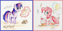 Size: 800x399 | Tagged: safe, artist:mallemagic, pinkie pie, twilight sparkle, g4, balloon, magic, scroll, traditional art