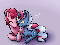 Size: 500x375 | Tagged: safe, artist:vividvulpine, pinkie pie, pokey pierce, g4, bubble berry, female, heart, male, poppy pin, rule 63, ship:bubblepin, ship:pokeypie, straight