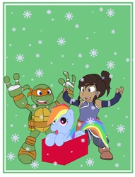 Size: 782x1022 | Tagged: safe, artist:volador-n7, rainbow dash, human, g4, box, christmas, crossover, happy, korra, michelangelo, snow, snowfall, snowflake, teenage mutant ninja turtles, the legend of korra